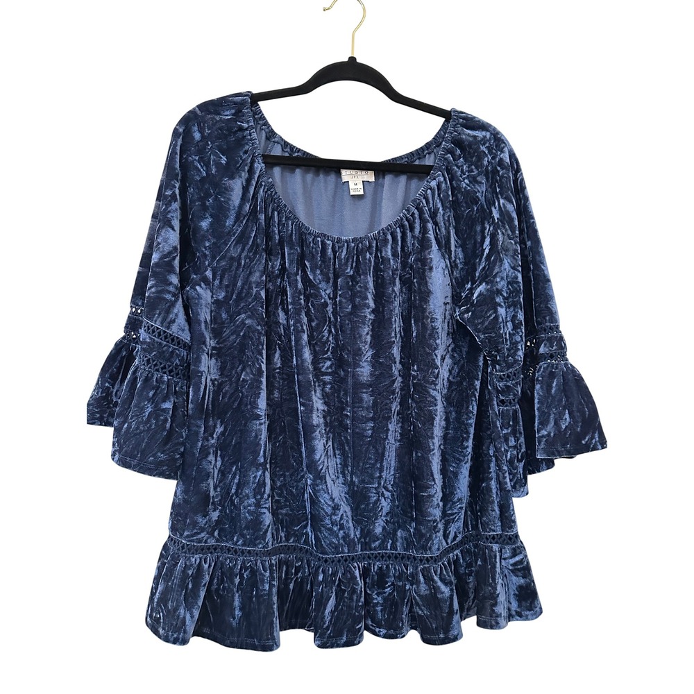 Studio JPR Womens Blue Crushed Velvet Peplum Top Bell Sleeve Size M Boho Western